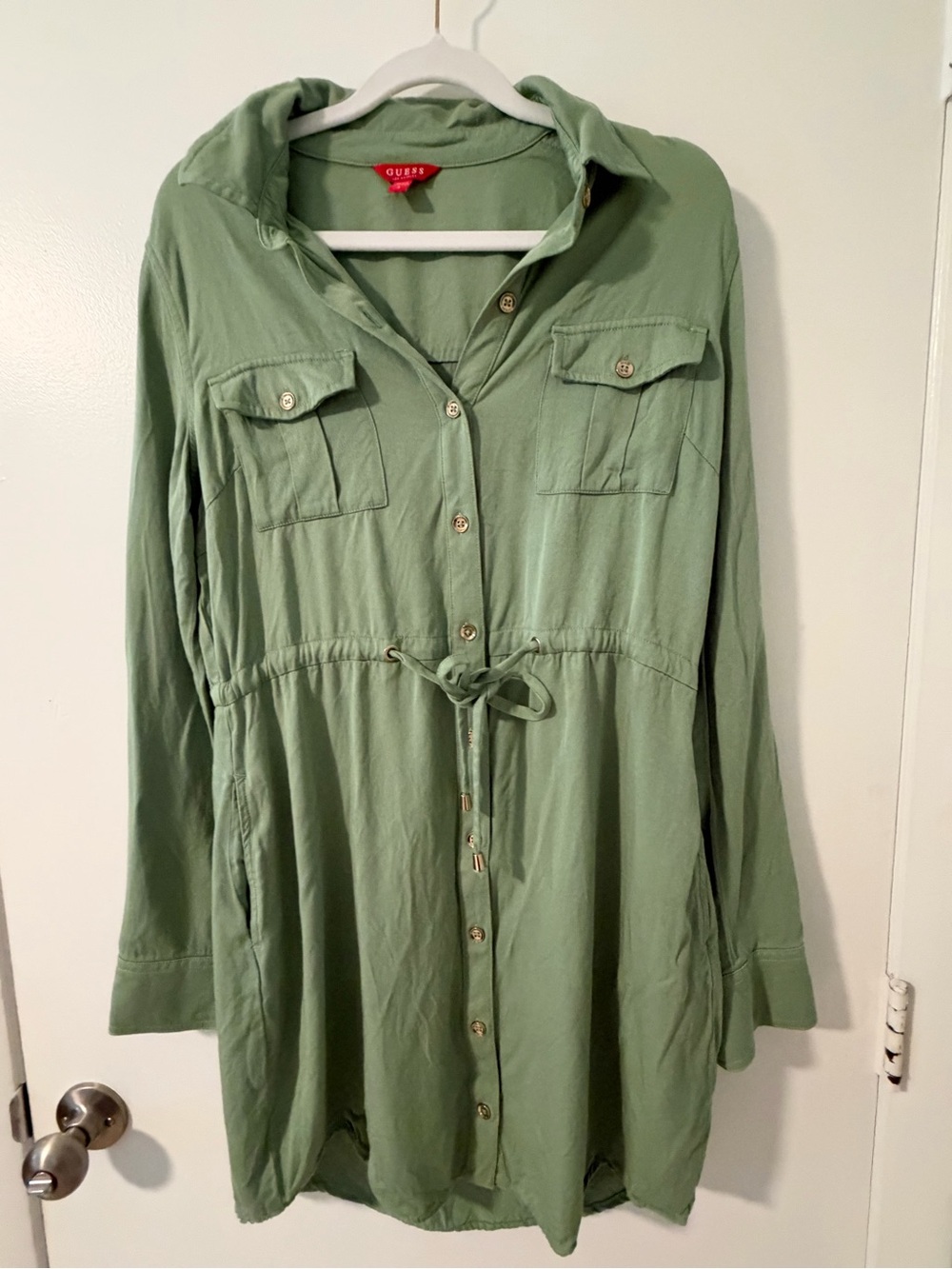 Guess Long-Sleeve Sage Green Button-Front Tunic Dress